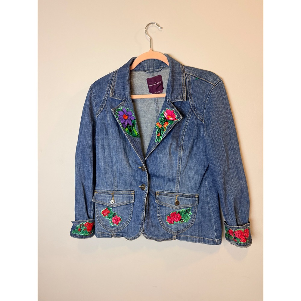 Upcycled Vintage Denim Blazer Jacket Floral Sequins Tiger Back Large